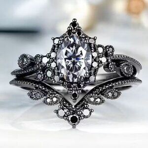 2pc Zircon Black Ring ~ Wedding Engagement Z378